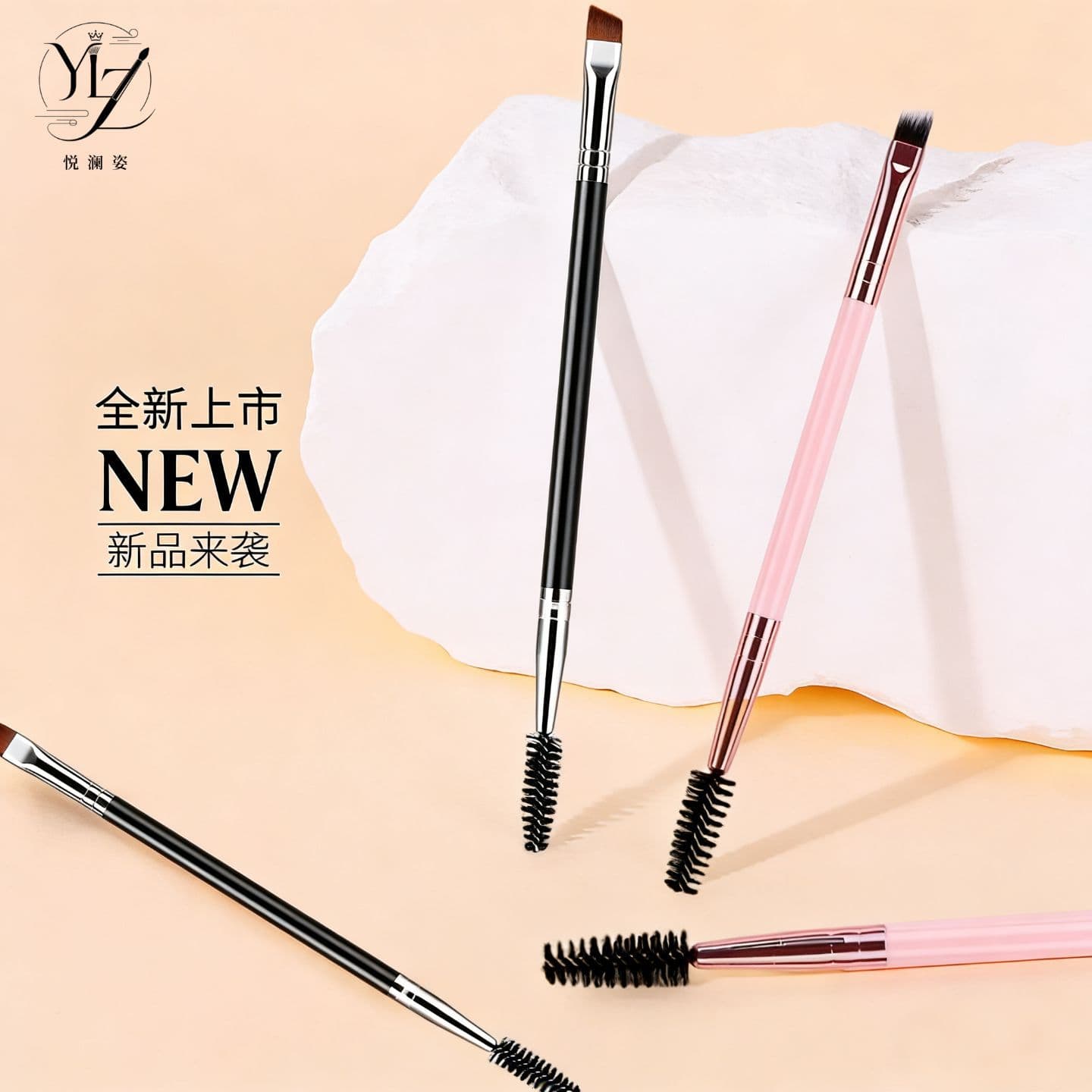 Cross-Border New Product Single Dual-Head Eyebrow Brush and Mascara Wand 2-in-1 Makeup Brush Slanted Eyeliner Brush Beauty Tool