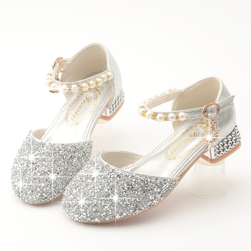 Princess Shoes for Girls Sparkling Sequin High Heels Performance Student Low Cut Breathable Anti-Slip Wear Resistant Korean Style