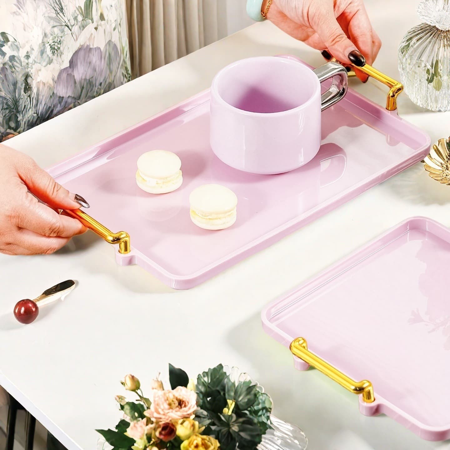Nordic-style non-slip rectangular tray, light luxury cosmetic and cup storage tray, silent organizer plate for hotel apartments