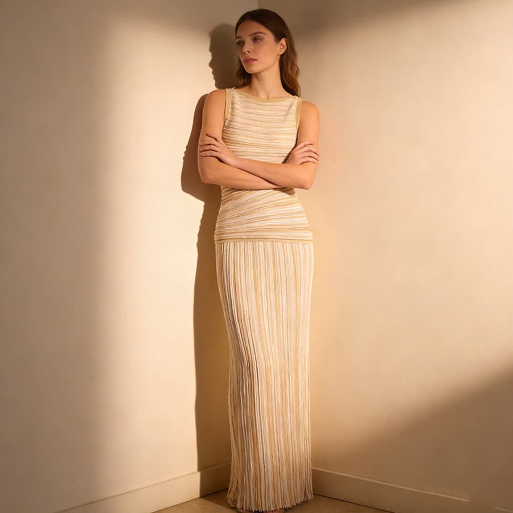In Stock ~ Multi-color Bright Yarn Knitted Striped Sleeveless Vest + Skirt Two-Piece Set, Hot Selling for Cross-Border E-commerce