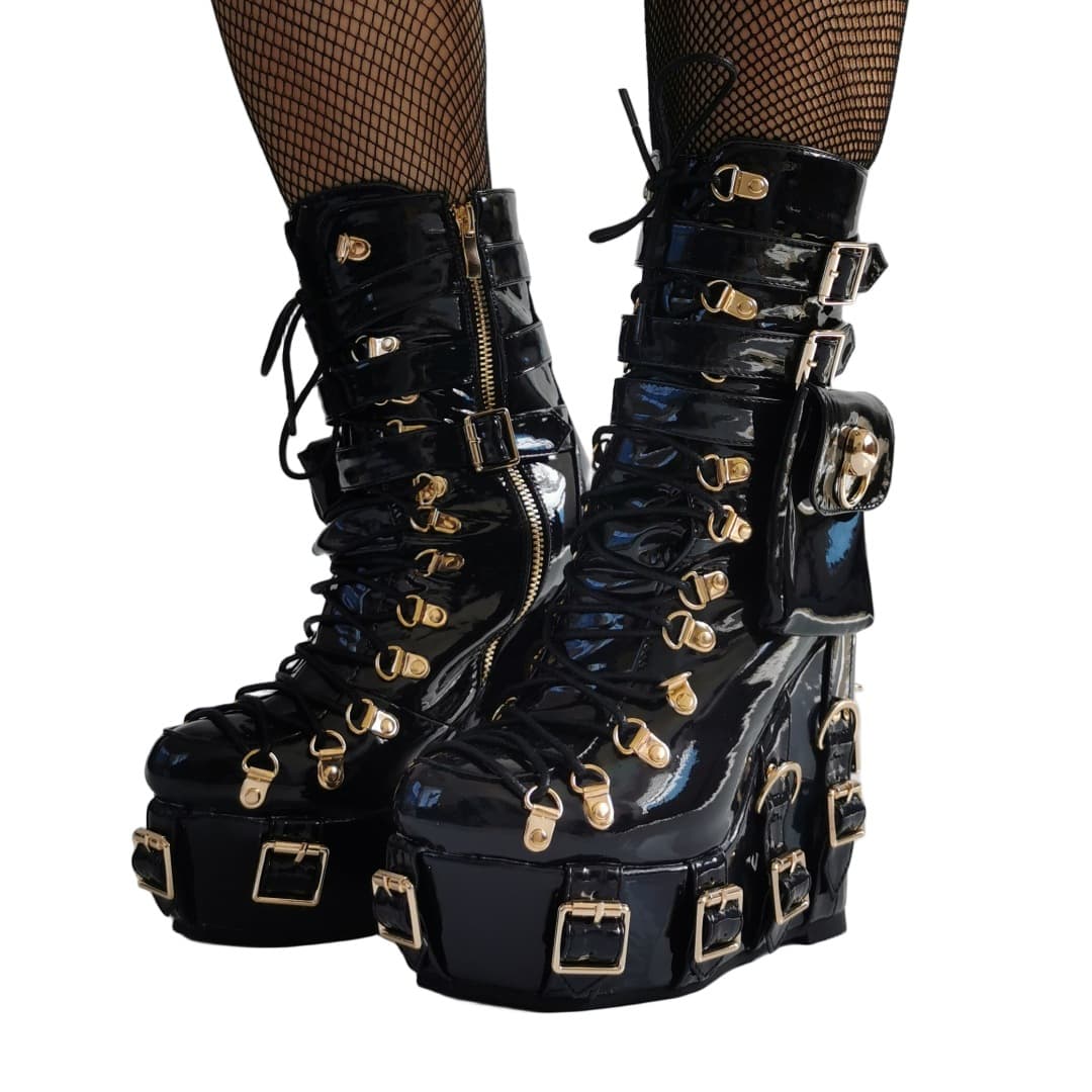 European and American Export Hot Halloween Gothic Style Leather Buckle Wedge Thick Sole High Heel Plus Size Women's Short Boots B510-10