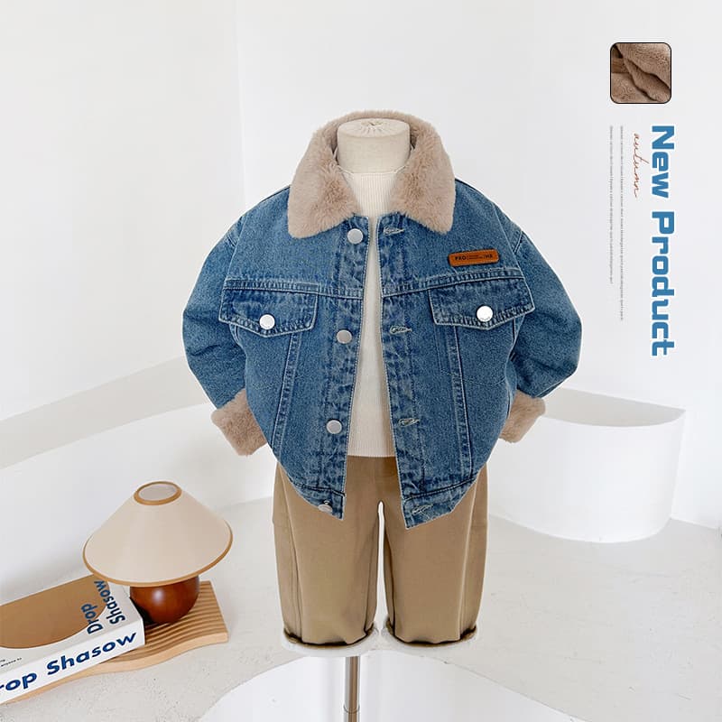 Wind Valley 2025 Winter New Kids' Clothing Children's Korean Style Rabbit Fur Fleece-Lined Denim Jacket, Thick Top for Boys and Girls