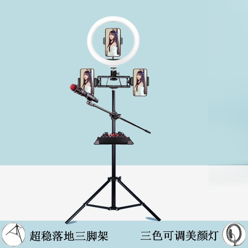 Phone Live Streaming Stand with Microphone Boom Arm Tray Shelf Beauty Fill Light Photo Floor Stand