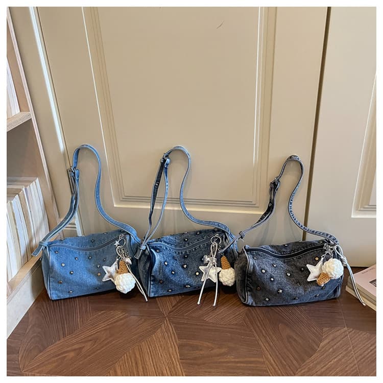 Denim bag for women cross-border light luxury rivet washed denim shoulder bag high-end fashion lazy retro cross-body bag