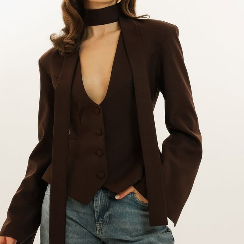 European and American Style Fashion Solid Color Collar Scarf Decoration Blazer Women's Autumn New Long Sleeve Casual Small Suit Jacket