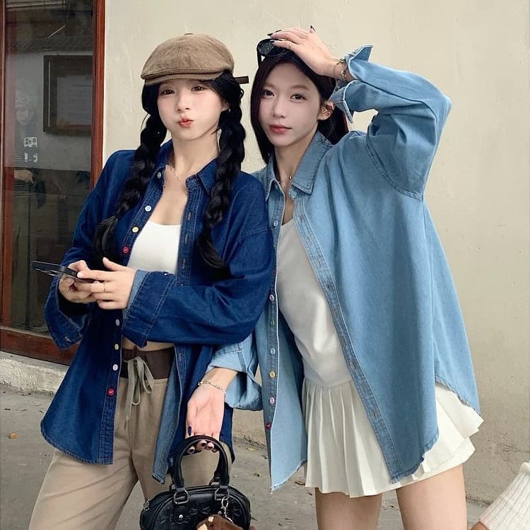 Spring New Color Button Denim Shirt for Women Korean Style Casual and Relaxed Unique Elegant Turn-down Collar Long Sleeve Blouse