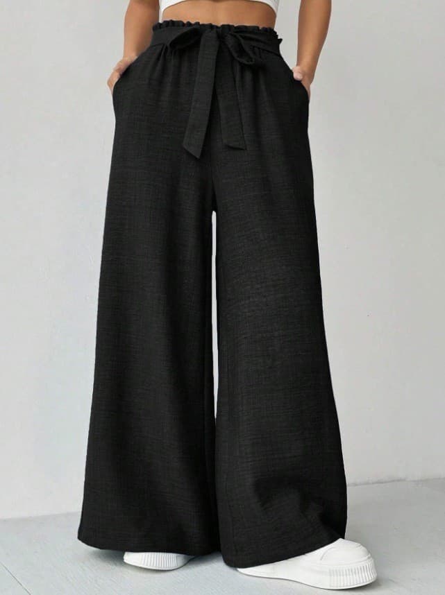 2025 New Women's Casual Pants with Pockets High Waist Adjustable Tie Knot Loose Long Trousers for Amazon US/EU