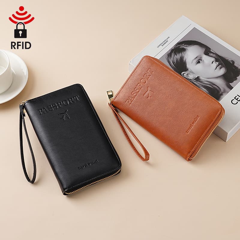 Long RFID Passport Holder Travel Document Bag Multi-Function Zipper Handbag Ticket Storage Organizer Neutral Macaron Color