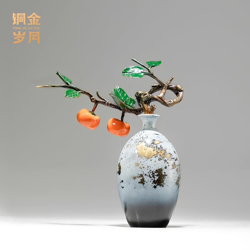 Copper Art Square, good things come in pairs, all-copper persimmon vase decorative ornaments, handicrafts, living room entrance TV cabinet decorations