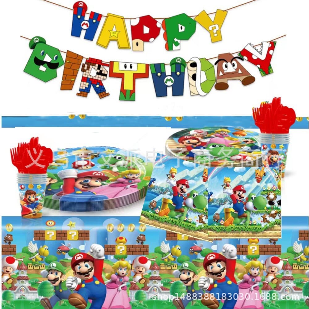 Classic cartoon Mario theme party decoration props paper plate tissue tablecloth set