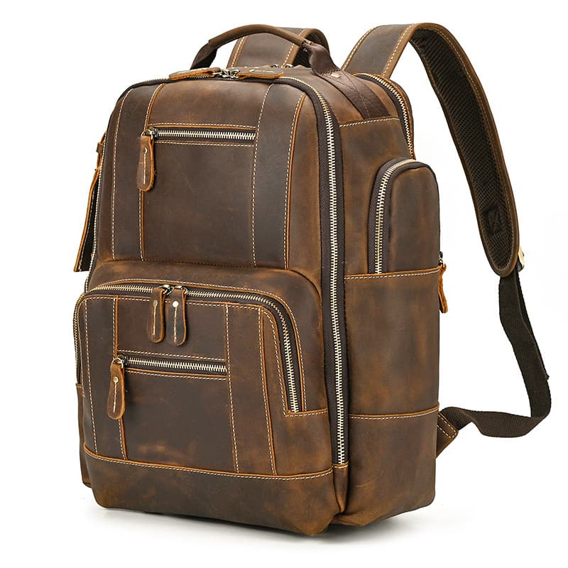 Retro Men's Backpack Crazy Horse Leather Backpack Top Layer Cowhide School Bag Large Capacity 15-Inch Laptop Bag Cross-Border Hot Sale