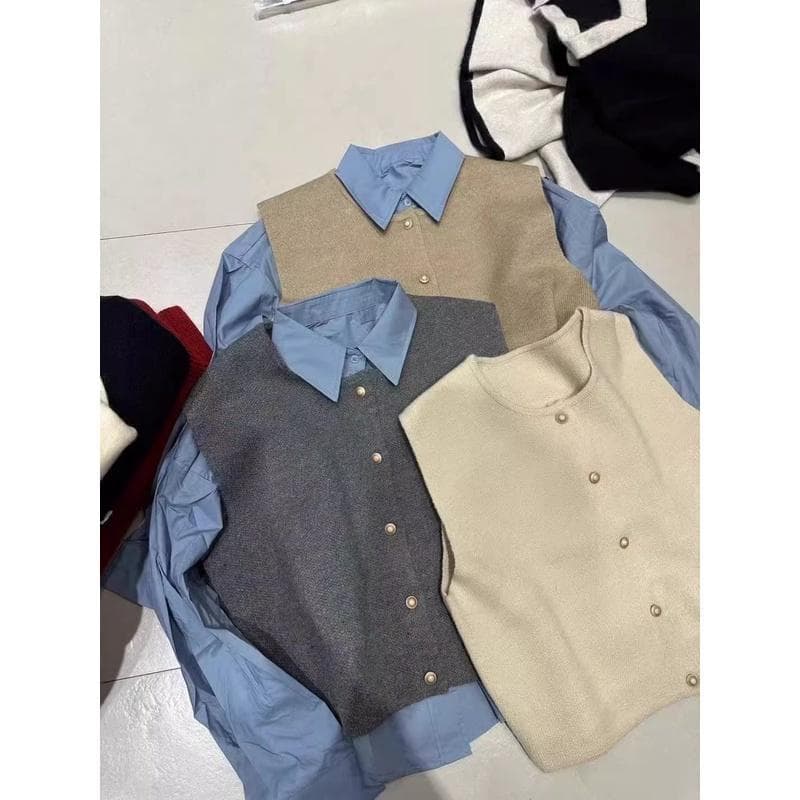 Spring and Autumn Sleeveless Knit Vest with Turn-Down Collar Long-Sleeve Layering Shirt, Fashionable Two-Piece Set for Women