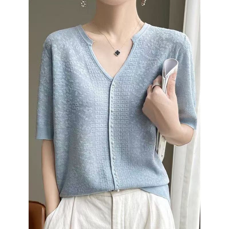 High-end ice silk dark pattern short-sleeved women's T-shirt 26 new summer temperament versatile V-neck thin knitted shirt top