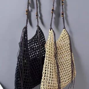 Summer Beach Bag Raffia Woven Bag Beaded Retro Underarm Bag Large Capacity Shopping Bag Shoulder Tote Bag for Women