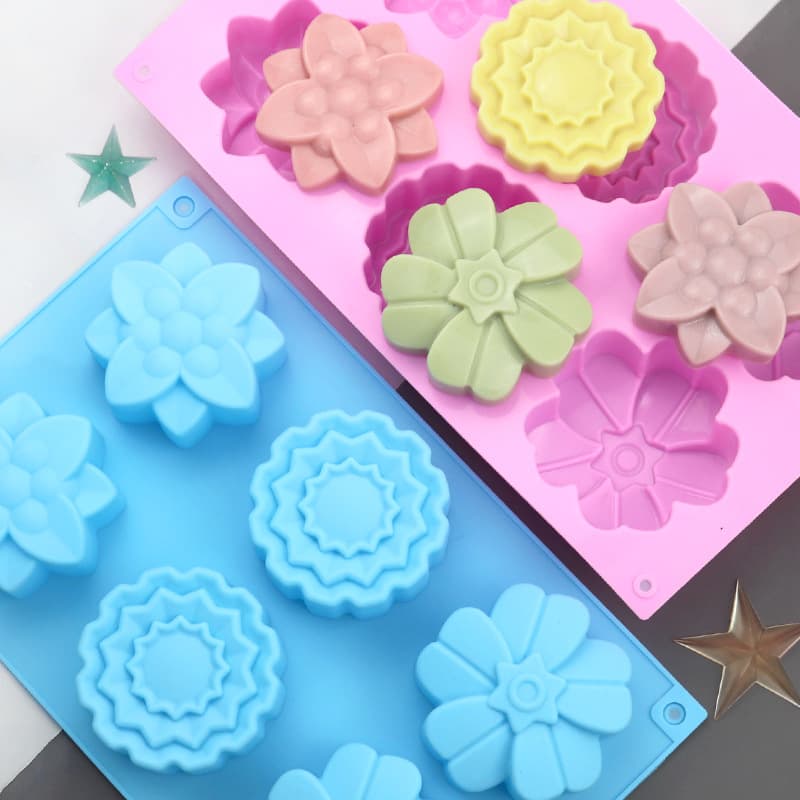 Blue Note 6-link 3-group Floral Mooncake Silicone Cake Mold Baking DIY Handmade Soap Flower Mold Daily Kitchen Utensils