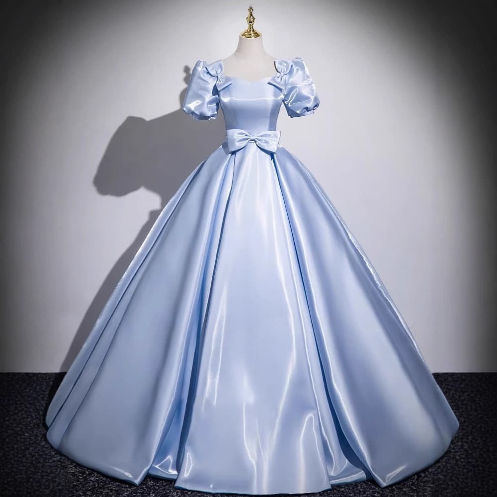 Blue Satin Adult Prom Evening Dress 2026 New Puffy Skirt Student Art Exam Chorus Performance Hostess Gown