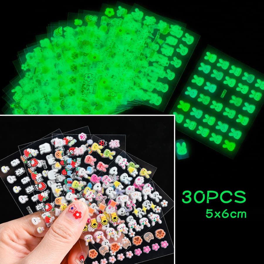 Cartoon Bunny Kids Nail Stickers 30 Sheets Different Styles Cute Cartoon Rabbit Small Patterns Glow in the Dark Nail Stickers