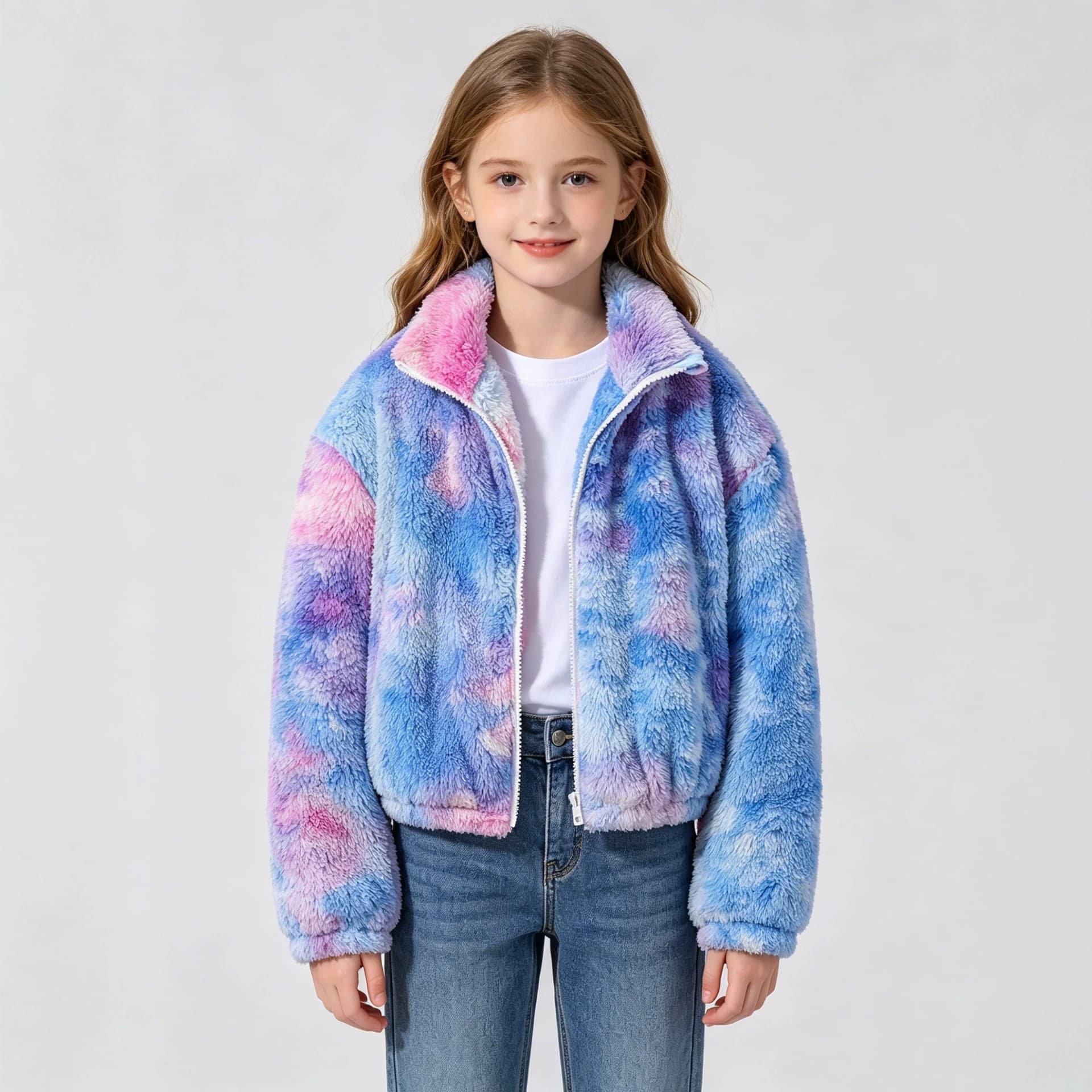 Cross-border sweet and cool girls' gradient tie-dye plush coat autumn and winter stand-up collar short thickened fashionable winter coat
