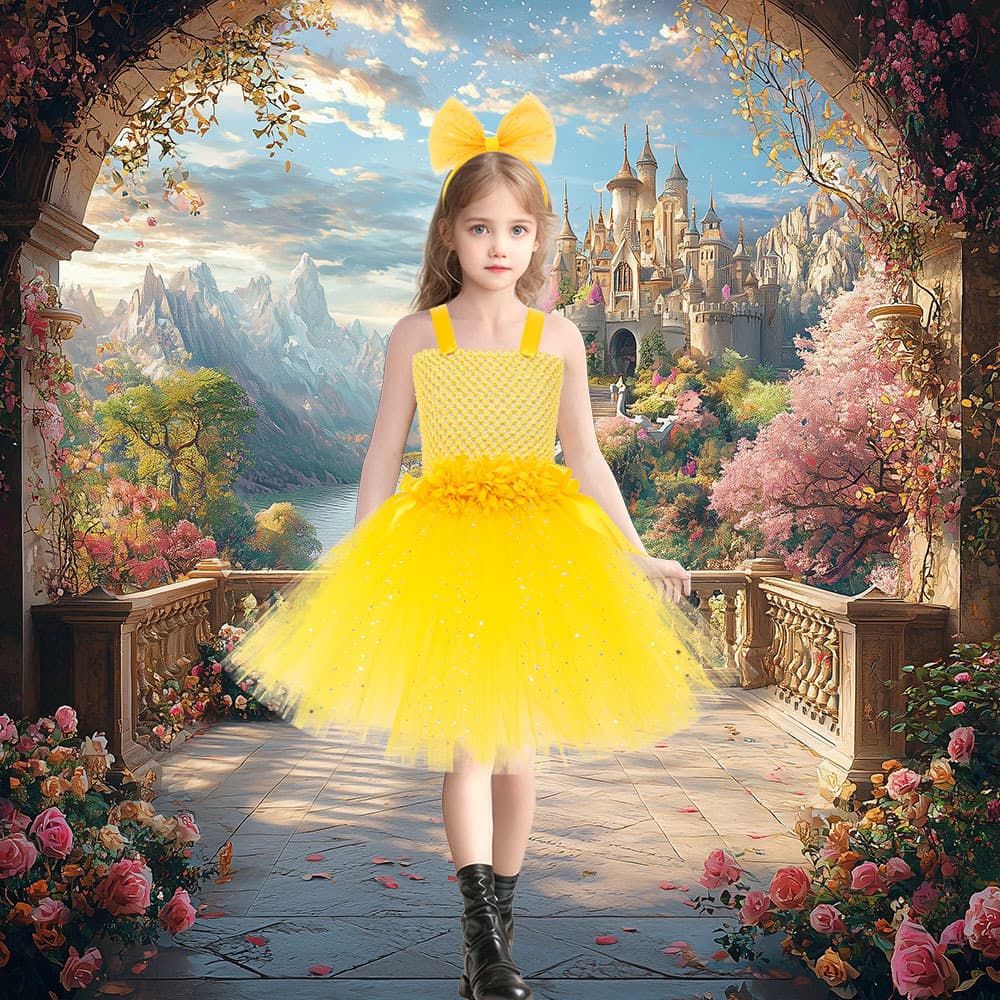 New Cross-Border Yellow Mesh Princess Dress Kids Catwalk Performance Gown Children's Day Dance Costume