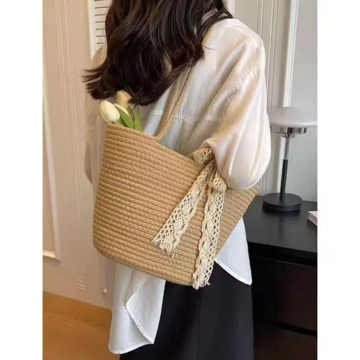 Large Capacity Straw Woven Bag, New Summer Versatile Shoulder Tote for Beach Vacation Travel, Nordic Style