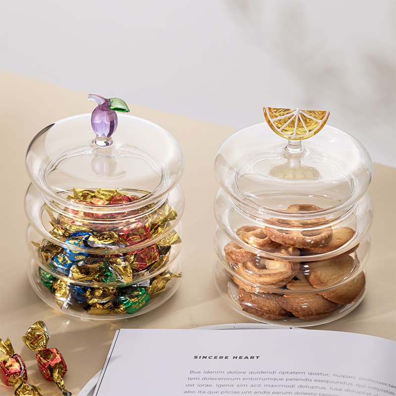 Luxury Glass Candy Jar with 3D Fruit Lid, Home Use, Divided Compartment for Nuts and Snacks, High-Gloss Transparent Sugar Container
