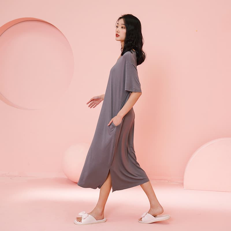 Women's Modal Sleepwear Summer Long Sleeve Comfortable Breathable V-neck Maternity Nightgown with Chest Pad Casual Home Wear