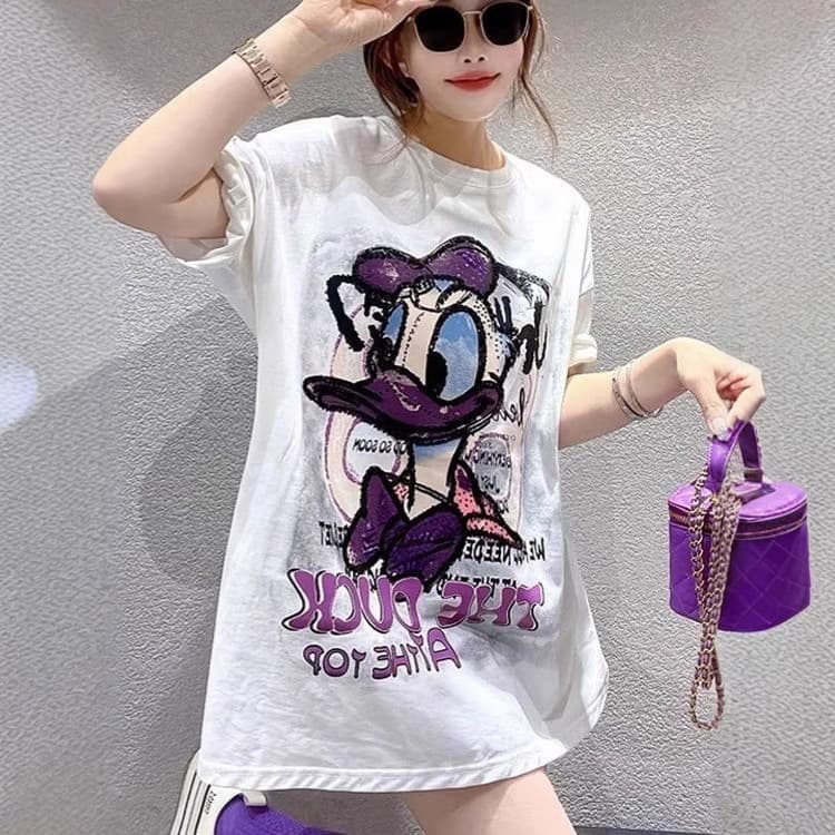Europe Donald Duck Print Short Sleeve T-Shirt Women 2024 Summer New Loose Slimming Casual Trend