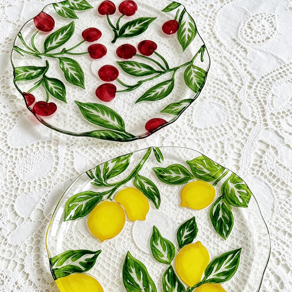 Cute embossed cherry-shaped glass plate, 3D fruit plate, stylish home decoration, snack plate, ins style
