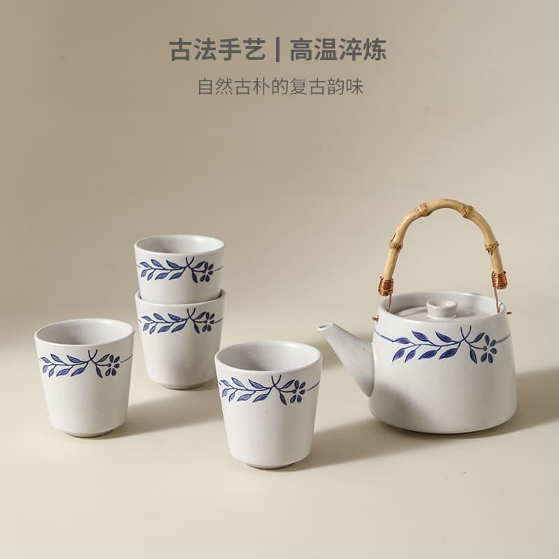 New Chinese Style Blue and White Tea Set Hand-Painted Teapot and Teacups Complete Set Coarse Pottery Living Room Guest Serving Water Cups Tea Set