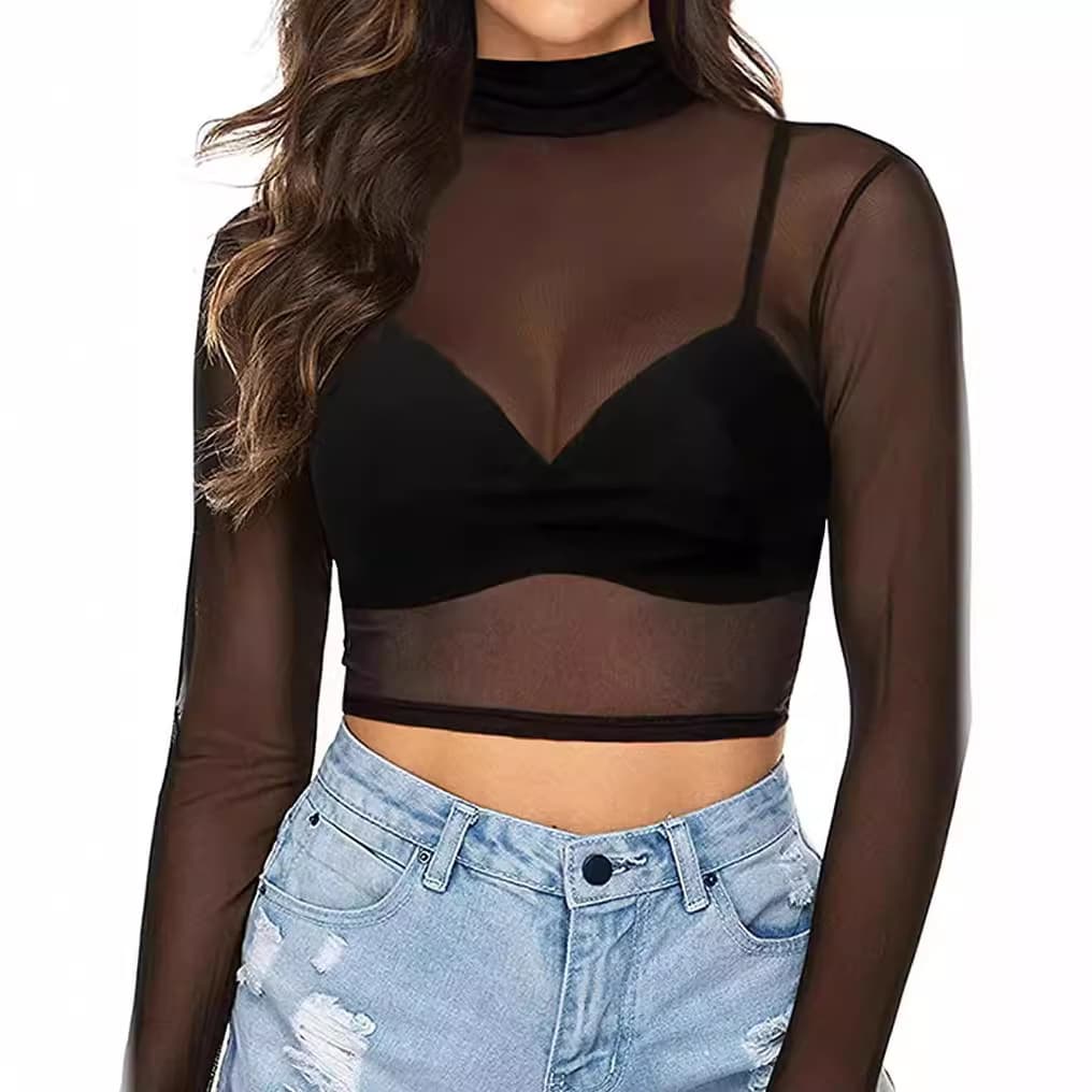 Women's Short Sleeve Long Length Sheer Mesh Crop Top T-Shirt Blouse Polyester