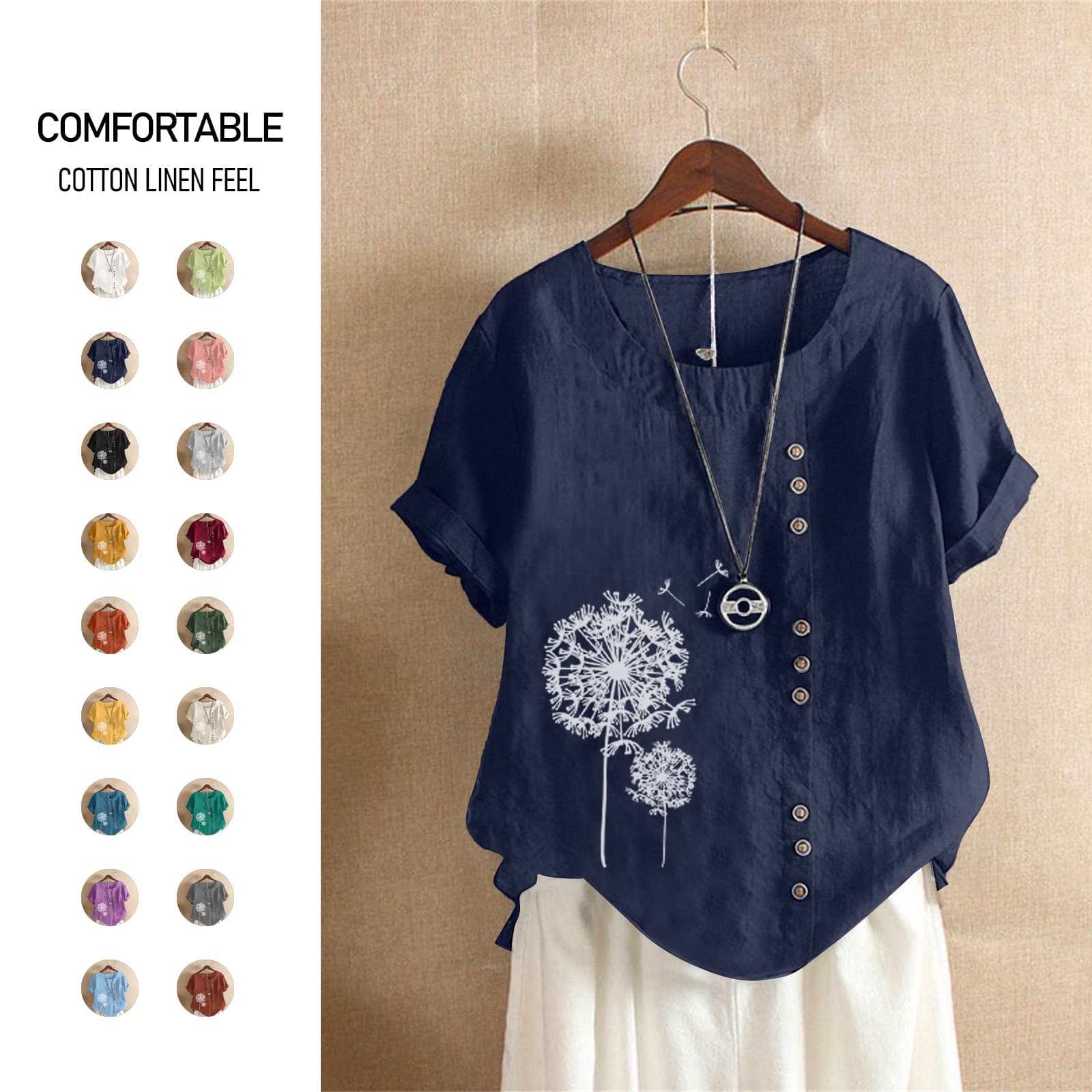 2022 Summer Vintage Plus Size Casual Loose Cotton Linen Short Sleeve Pullover T-Shirt Cotton Linen Women's Plus Size Clothing