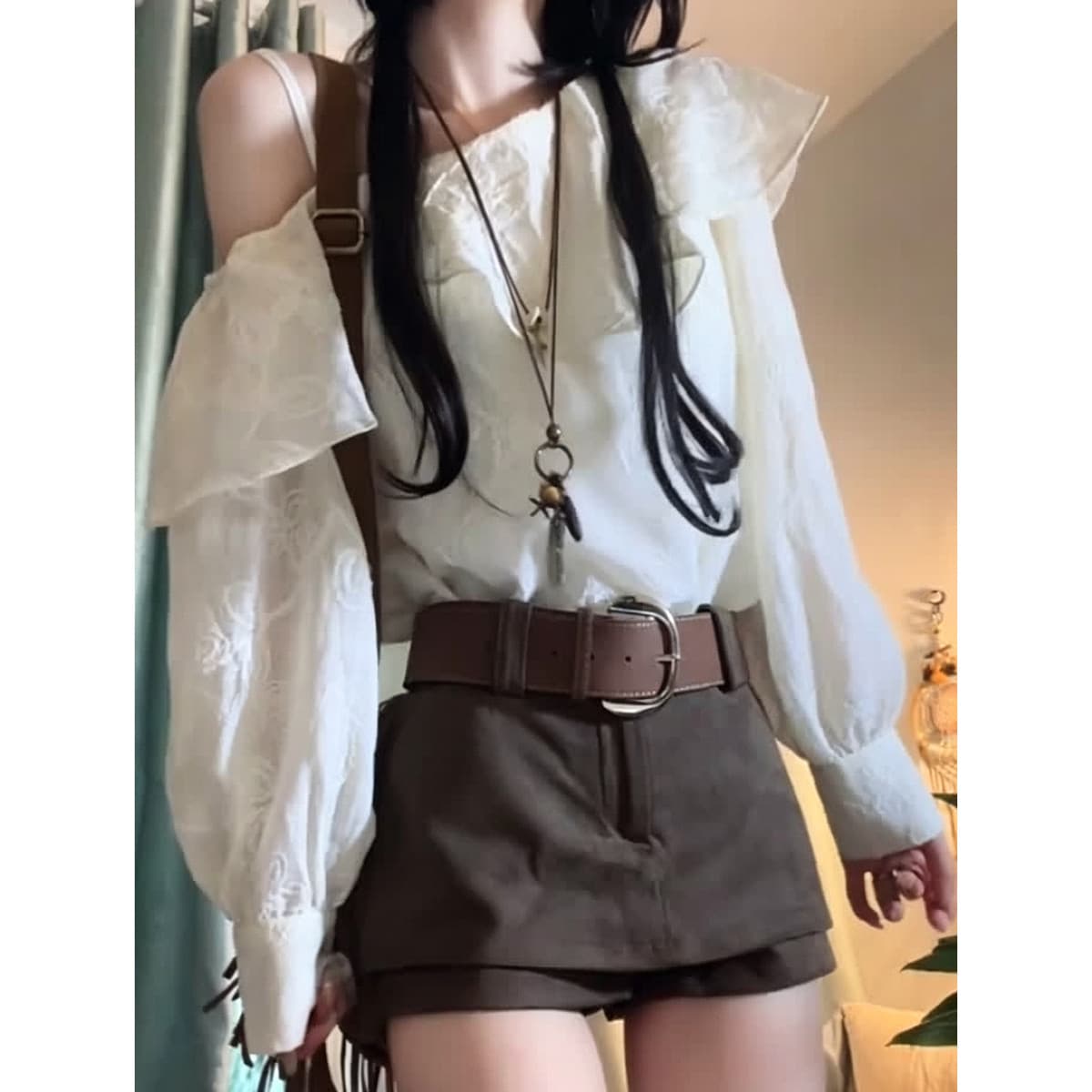2026 New American Retro Hot Girl Set Women Ruffled Off-Shoulder Jacquard Top High Waist Coffee Color Skirt Pants Set