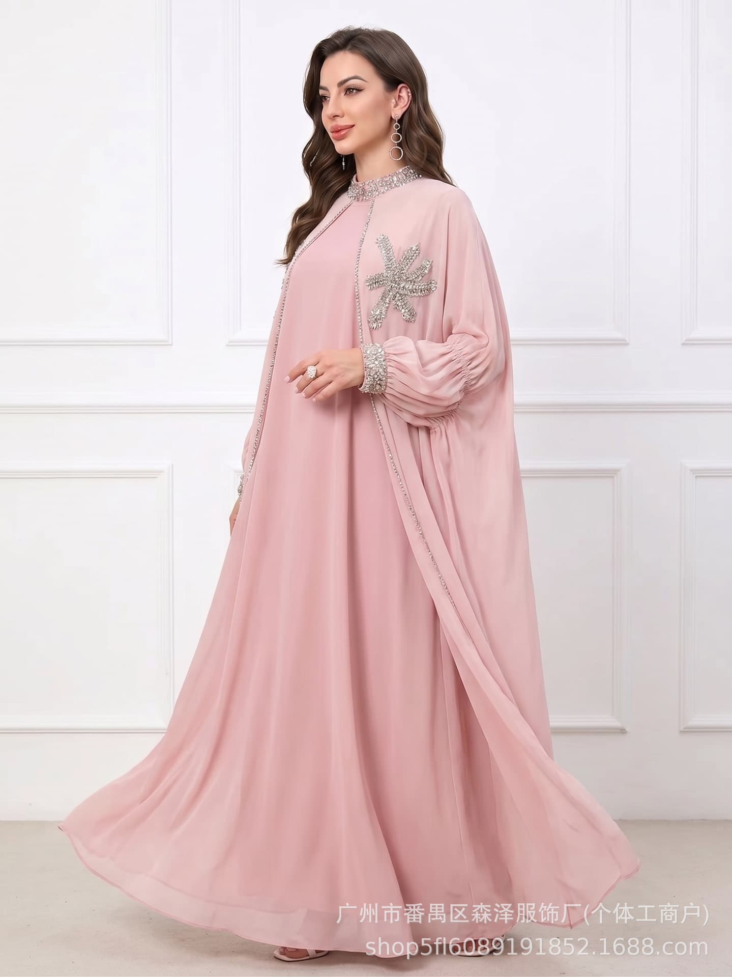 2026 New Beaded Two-Piece Dress Set, Pink Batwing Sleeve Loose Cape Cardigan, Dress in Stock