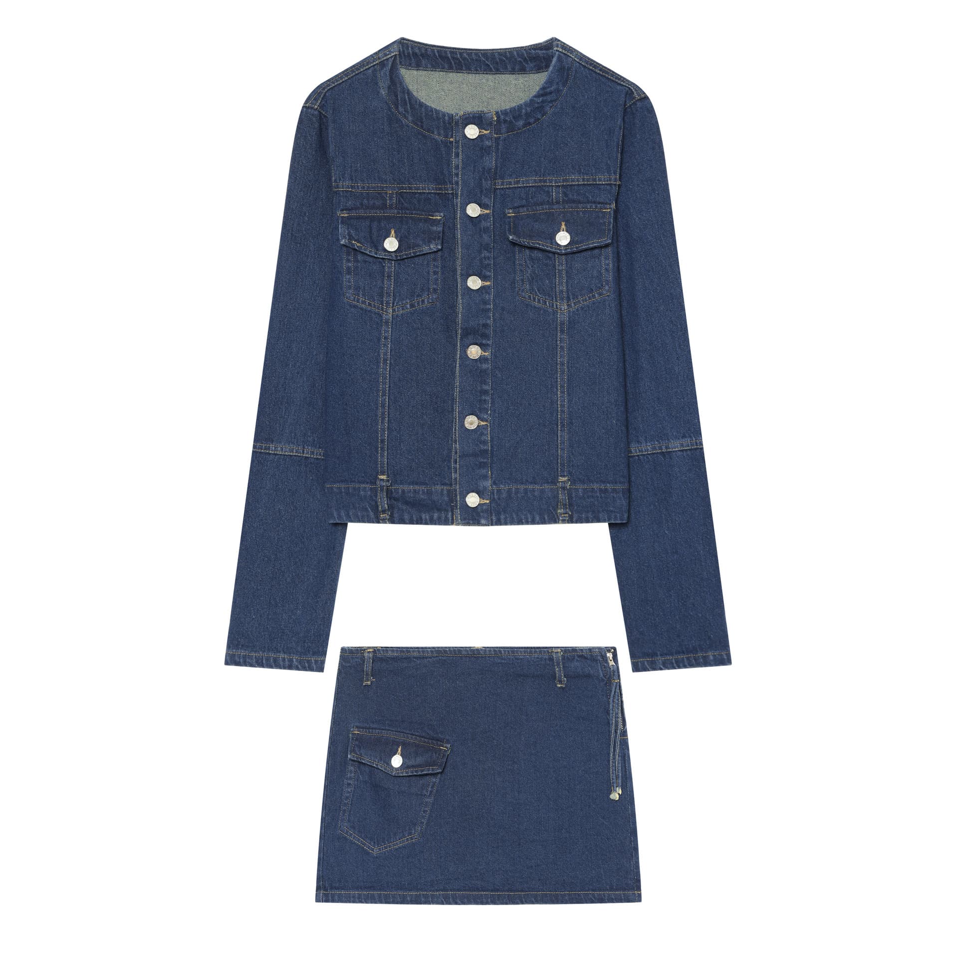 AliExpress wholesale summer new round neck long sleeve jacket coat overalls short skirt denim suit for women 6045041