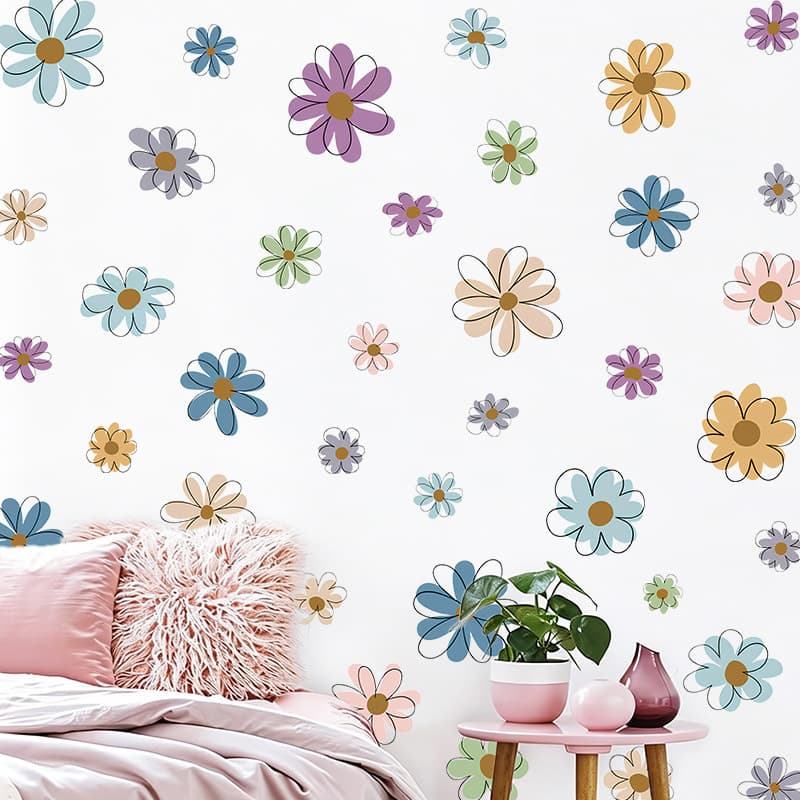 Bohemian Floral Wall Stickers Colorful Line Daisies Self-Adhesive PVC Stickers Girl Bedroom Wall Decor