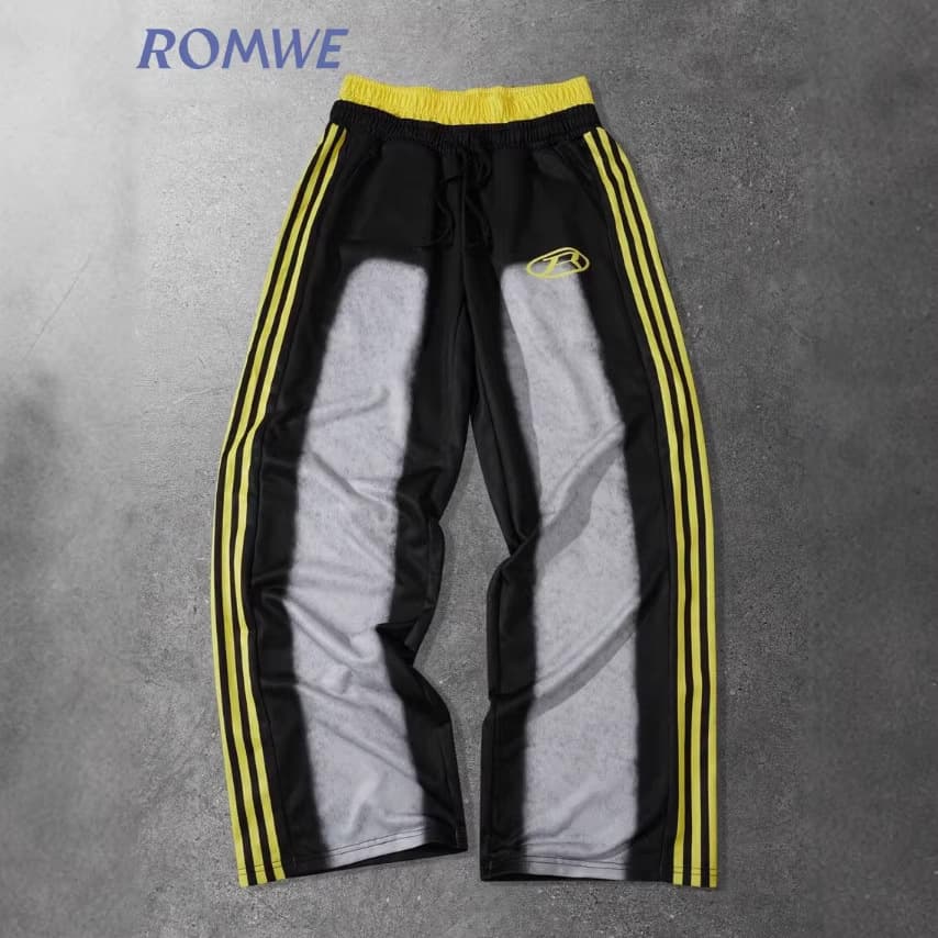 Men's American High Street Yellow Black Contrast 3D Print Striped Sweatpants Loose Drawstring Straight Leg Sports Pants Cross-border Wholesale