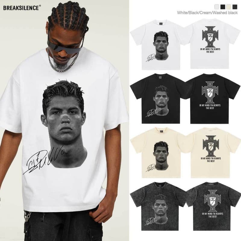 Cross-border 2025 new style Ronaldo football small neckline short-sleeved T-shirt American retro heavyweight men's and women's trend