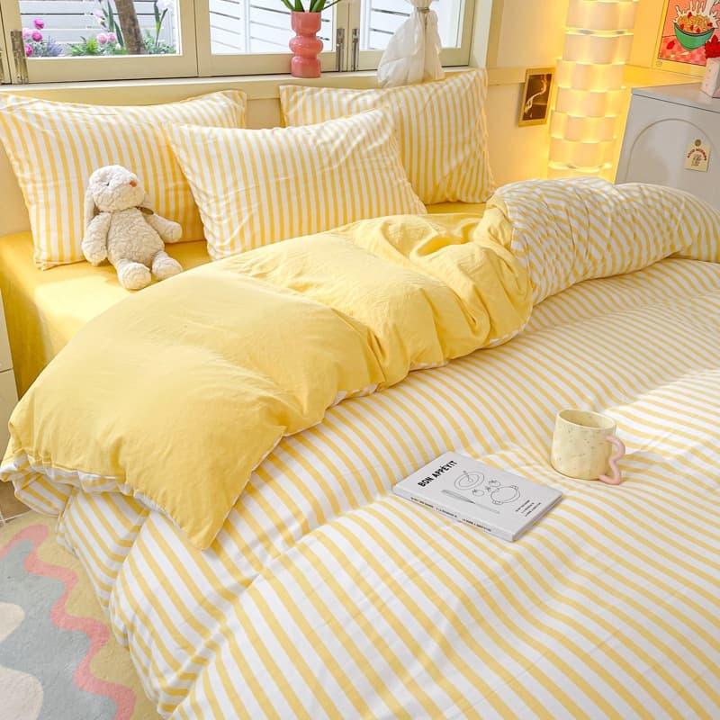 Japanese Washed Cotton 4-Piece Set Double-Layer Gauze Stripe Duvet Cover Single Student Dormitory Fitted Sheet 3-Piece Set Mixed Bedding