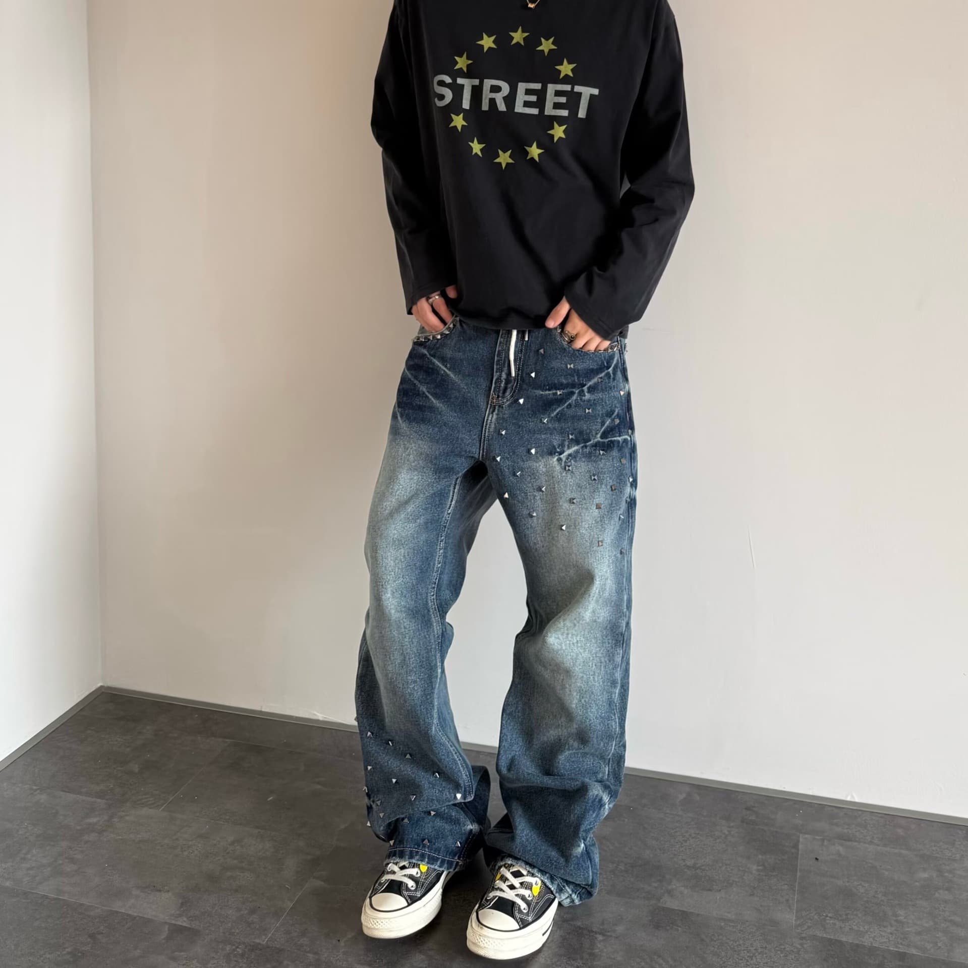 2026 Fall American Retro Studded Jeans Men's Trendy New Wide-Leg Casual Loose Straight-Leg Pants