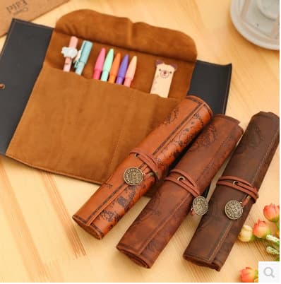 Creative Treasure Map Storage Pencil Case Retro Canvas Leather Large Capacity Rolling Pencil Bag Simple Rolling Pencil Curtain Student Supplies