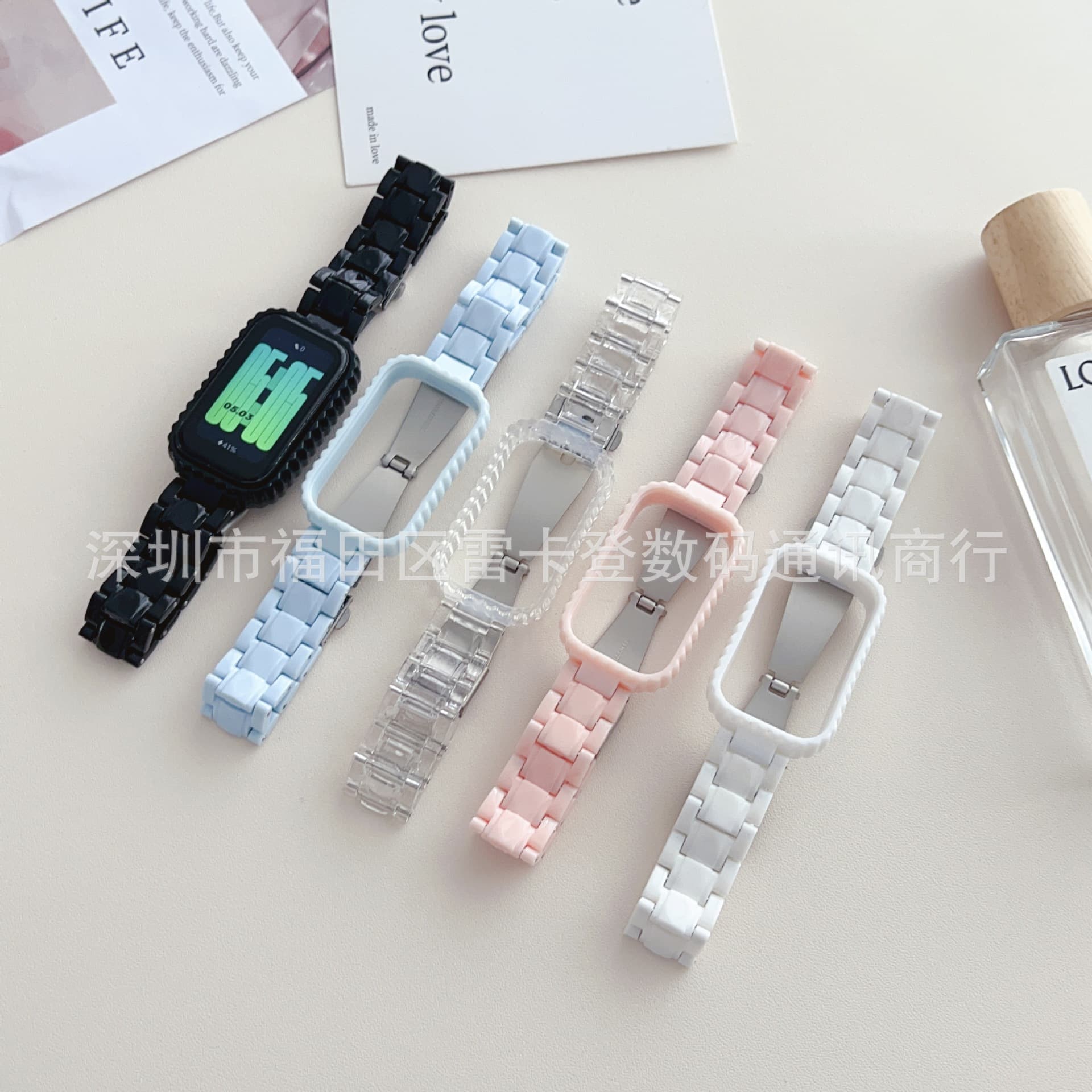 Compatible with Redmi Band 2 Strap Glacier Transparent PC Imitation Ceramic Resin Candy Color Slim Waist Strap Frame for Women