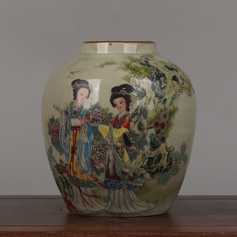 Large Qing Guangxu famille rose ladies figure purple rim jar home decoration antique imitation old collection