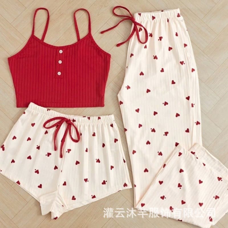 New Summer Heart Print Sexy Pajama Casual Camisole Outerwear Homewear Set 3-Piece for Women