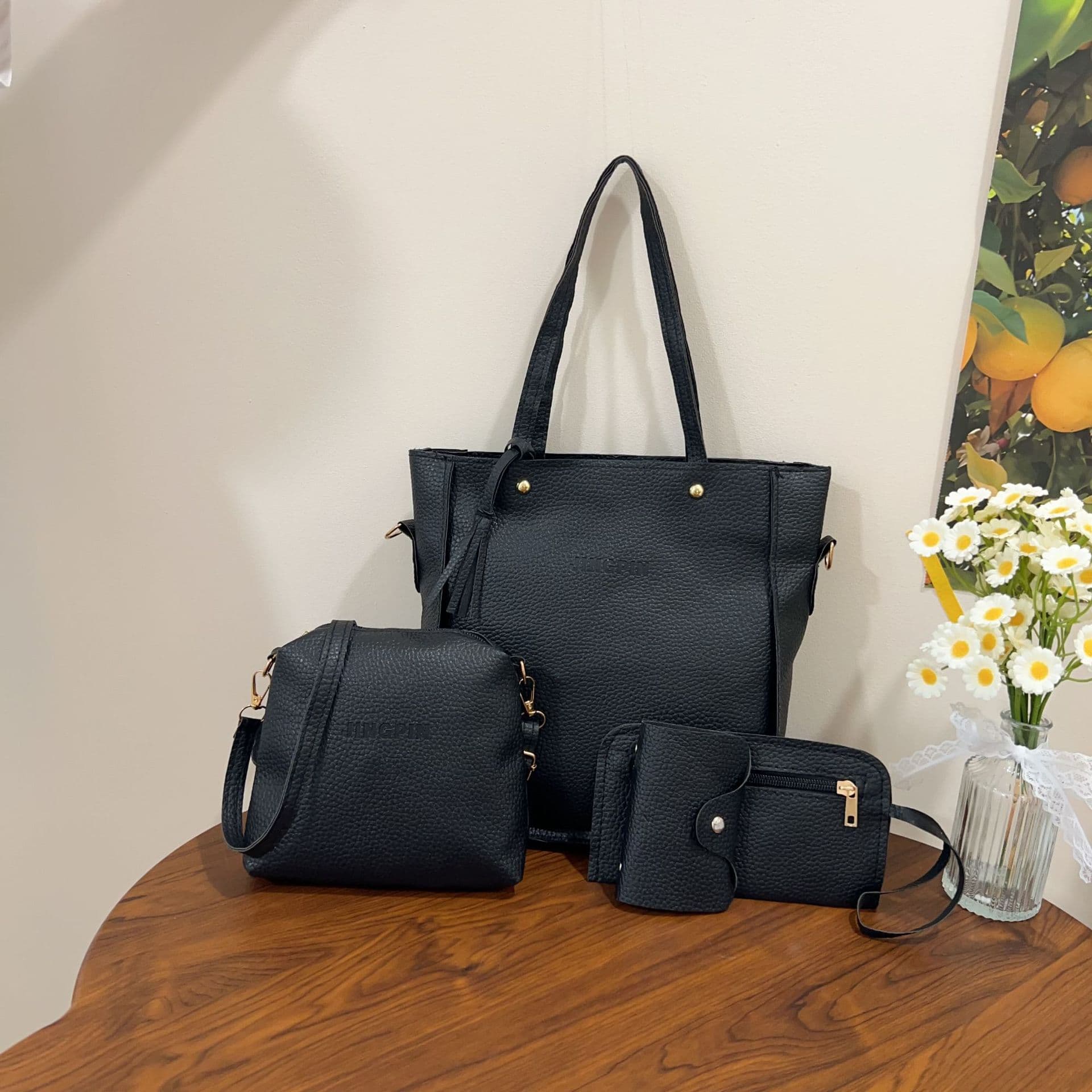 Large Capacity Women's Bag 2021 Mother-Child Pocket Shoulder Bag Korean Style New Handbag Pebble Grain Four-Piece Set