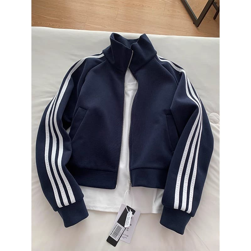 Navy Three-Stripe Cropped Hoodie Jacket Unisex Spring/Autumn Cleanfit Sports Baseball Jacket Stand Collar