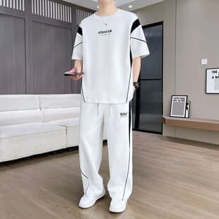 Men's Short Sleeve Loose Fashion Summer Casual Sports Two-Piece Set, Cool Summer Thin Long Pants