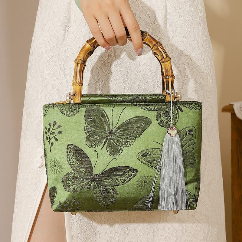 Green light disc language embroidered handbag, antique cheongsam banquet metal handbag, cheongsam fabric small square bag