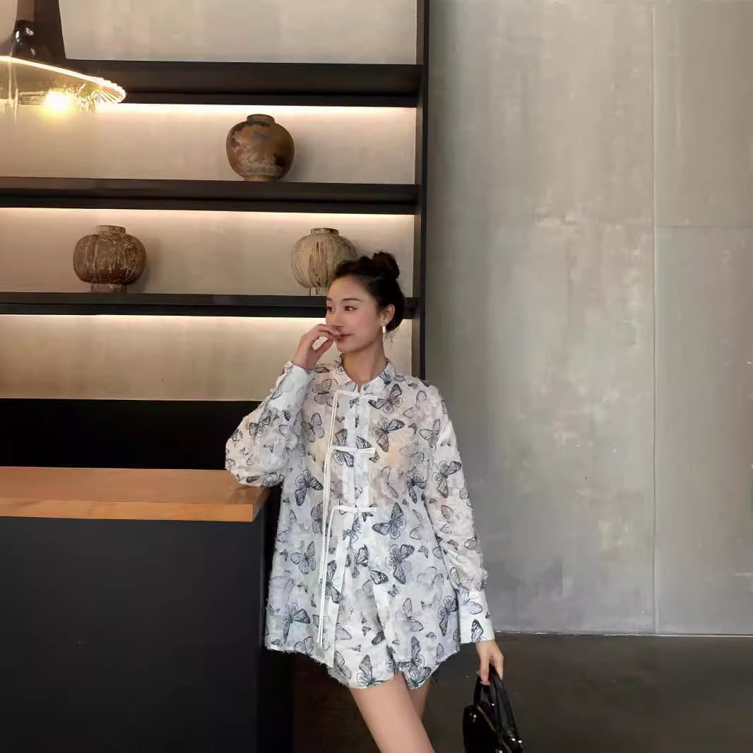 Shenzhen Nanyou Classy Original CD Home Exquisite and Elegant New Chinoiserie National Style Design Butterfly Shirt Shorts Suit