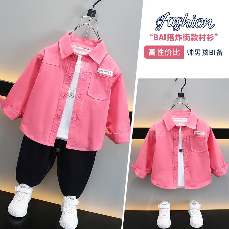 Children's Shirt for Boys Spring Autumn New Fashionable Casual Long Sleeve Pink Shirt Trendy Baby Boy Spring Top