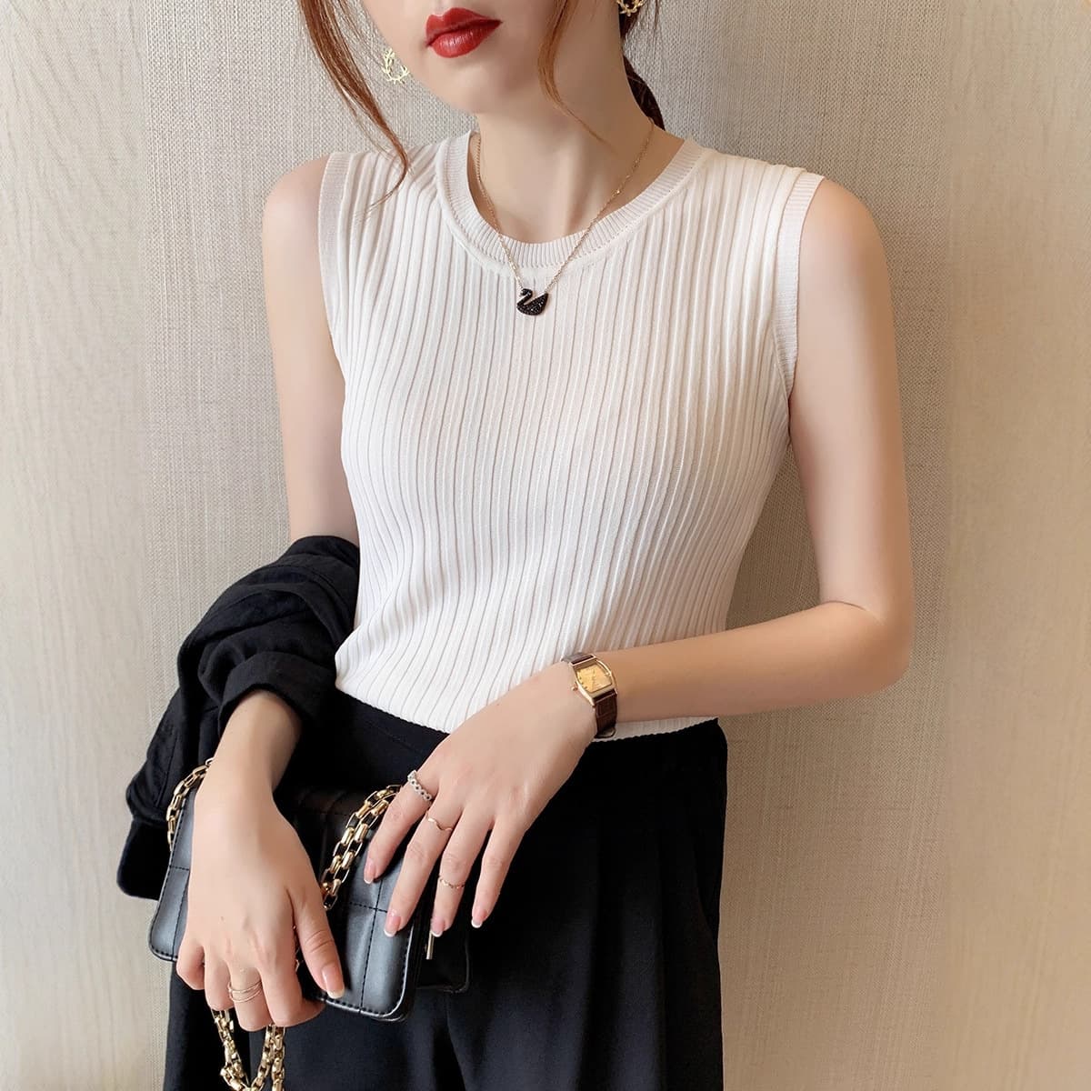 Women's White Base Camisole Summer Inner Wear Outer Wear Tight Short Sling Ice Silk Thin Knit Sleeveless Top